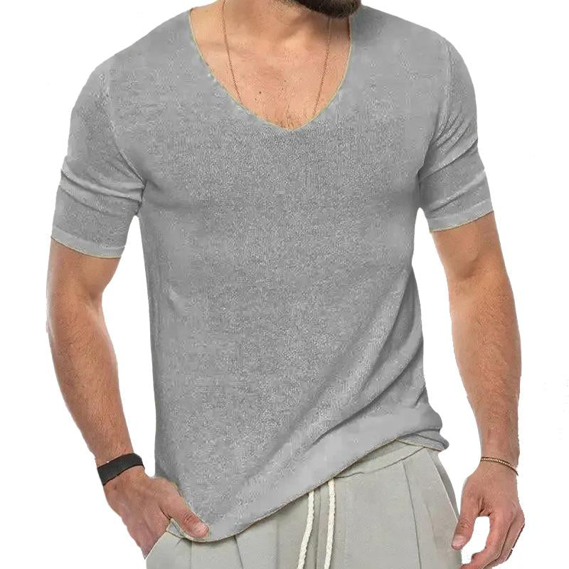 Men's Casal Solid Color V -Neck Short -Sleevednit Sweater