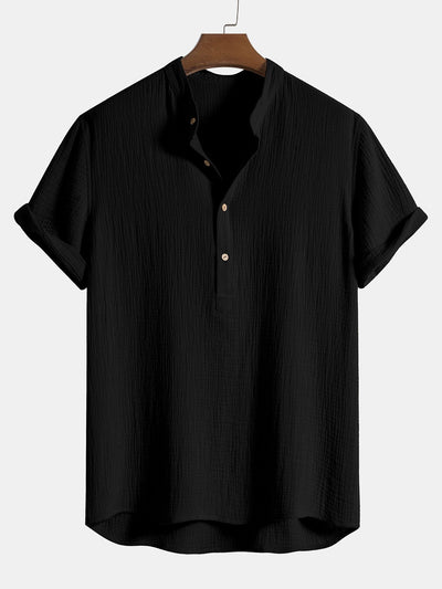 Aritz® | Wrinkled Cotton Half Open Placket Henley Collar Shirt