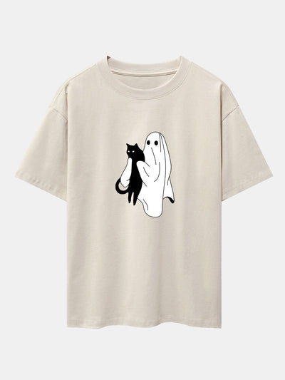 Aurelio® | Ghost Black Cat Print Drop Shoulder Oversize T-Shirt