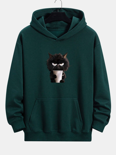 Donald | Black Cat Drinking Coffee Print Relax Fit Hoodie