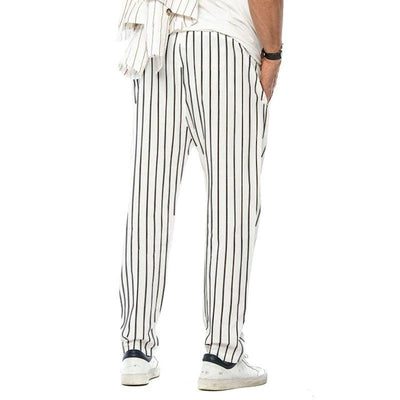 Men's Vertical Striped Cotn And Linen Straight Loose Trendy Casal Trosers