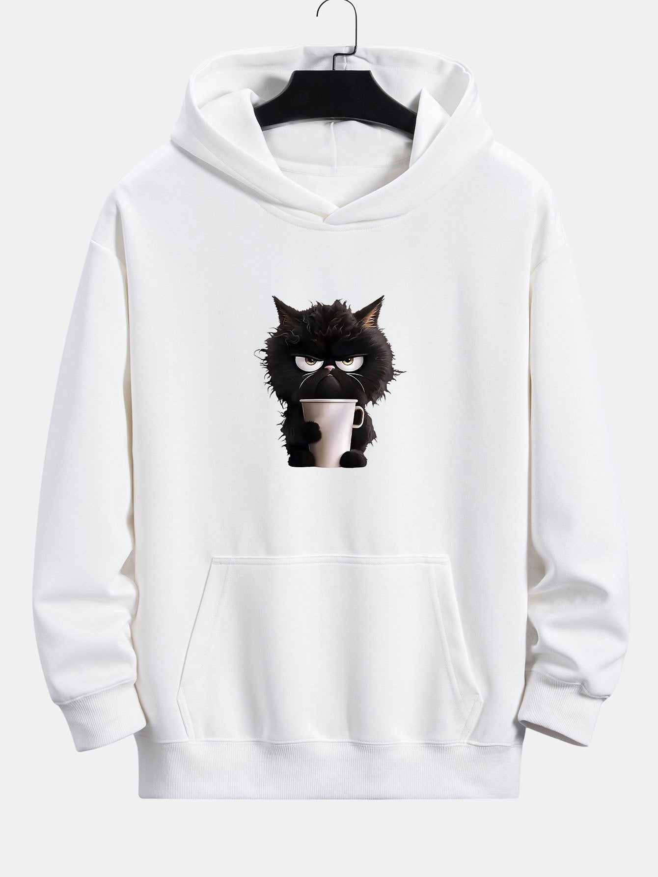 Donald | Black Cat Drinking Coffee Print Relax Fit Hoodie