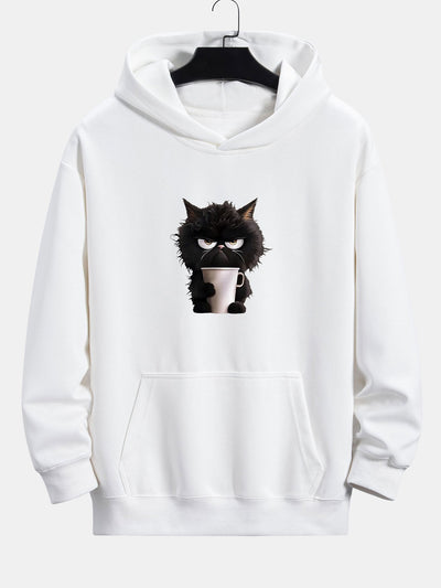 Donald | Black Cat Drinking Coffee Print Relax Fit Hoodie
