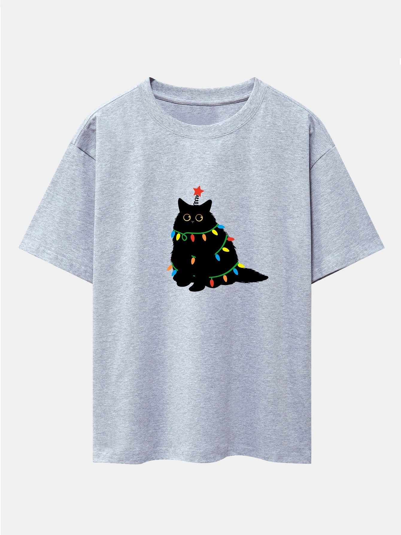 Juan® | Christmas Lights Black Cat Print Drop Shoulder Oversize T-Shirt