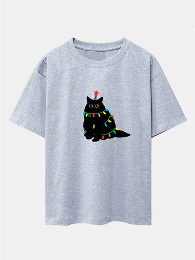 Juan® | Christmas Lights Black Cat Print Drop Shoulder Oversize T-Shirt
