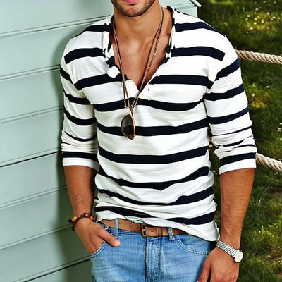 Men's Casal Striped Henley Collar Cotn Blend Long Sleeve T-Shirt