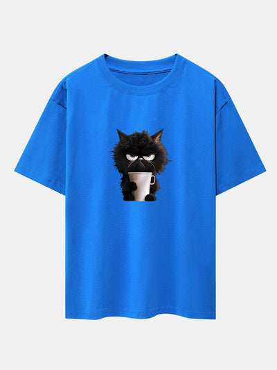Augusto® | Black Cat Drinking Coffee Print Drop Shoulder Oversize T-Shirt