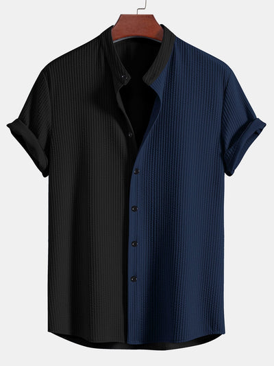 Truman® | Two Tone Muscle Fit Ribbed Stand Collar Shirt & Straight Leg Ribbed Pants