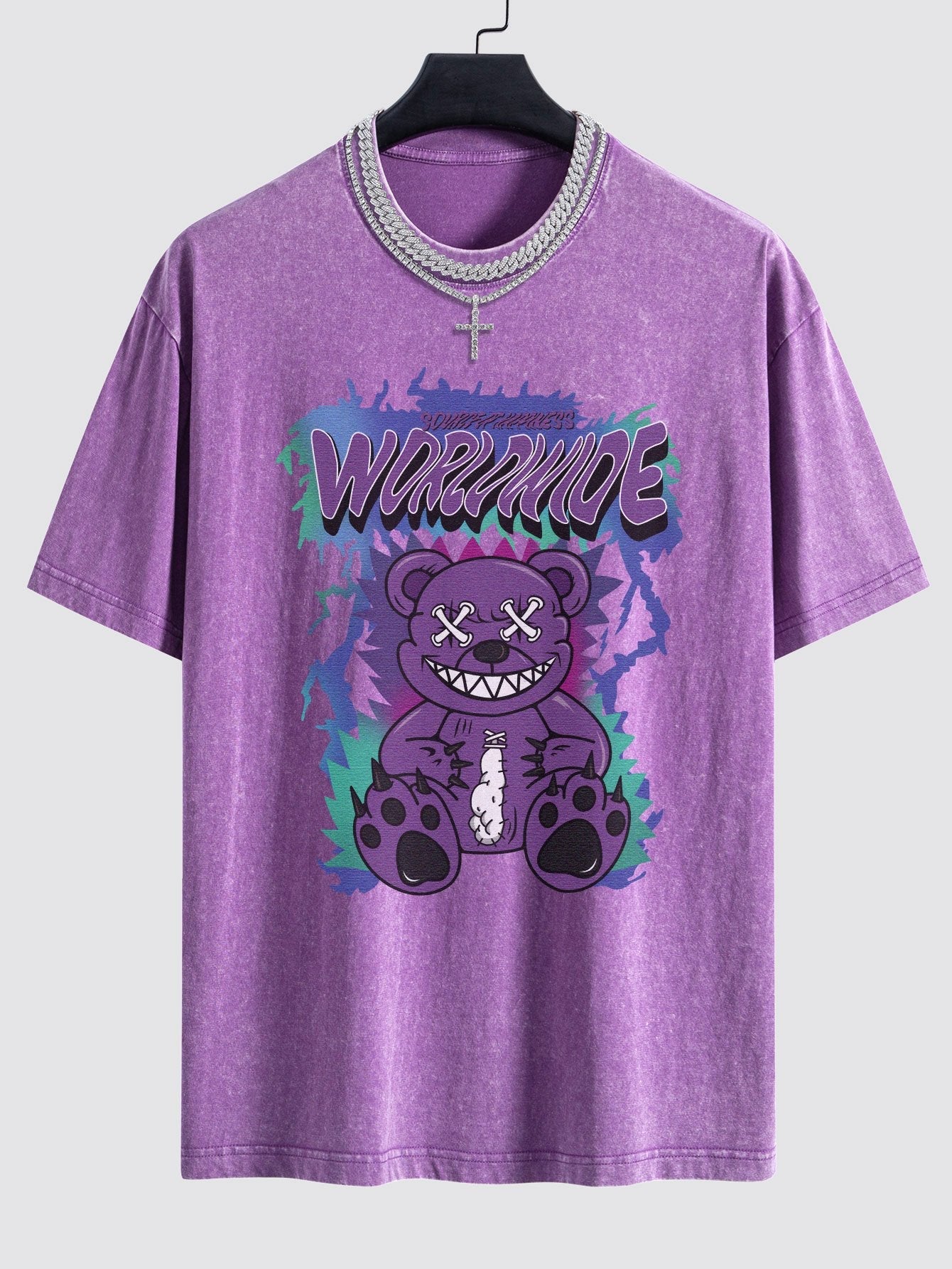 Jeremy® | Tattered Bear Print Washed Drop Shoulder Oversize T-Shirt