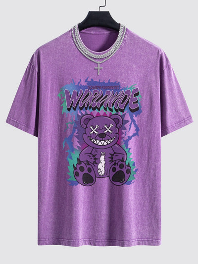 Jeremy® | Tattered Bear Print Washed Drop Shoulder Oversize T-Shirt