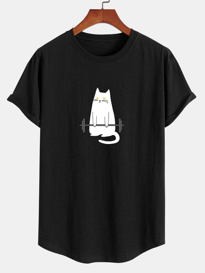Homero® | Cat Weightlifting Print Cotton Arc Hem T-Shirt
