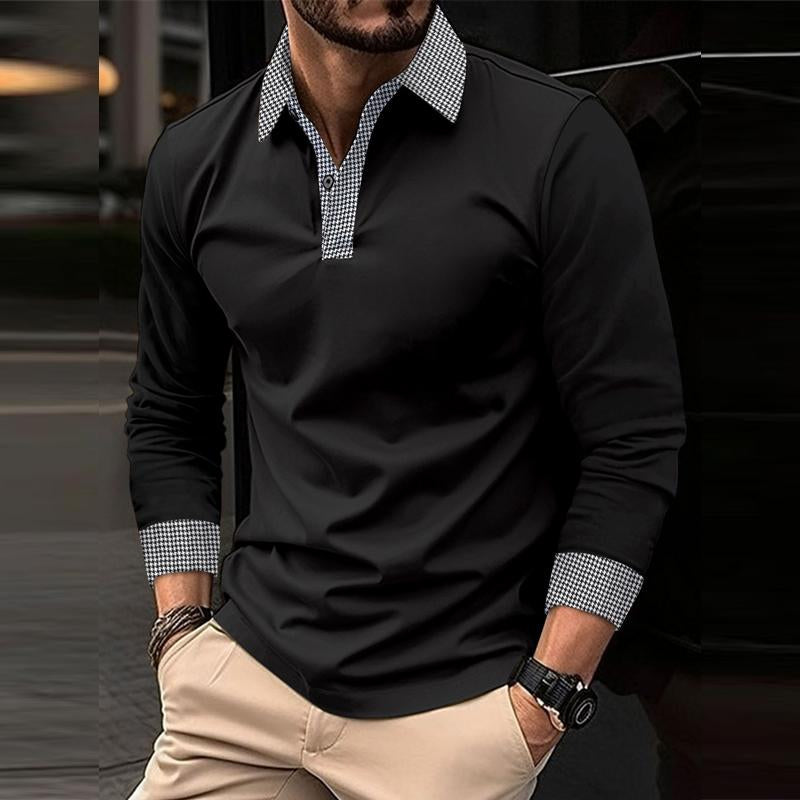Men's Casal Plaid Patchwork Long-Sleeved Polo Shirt