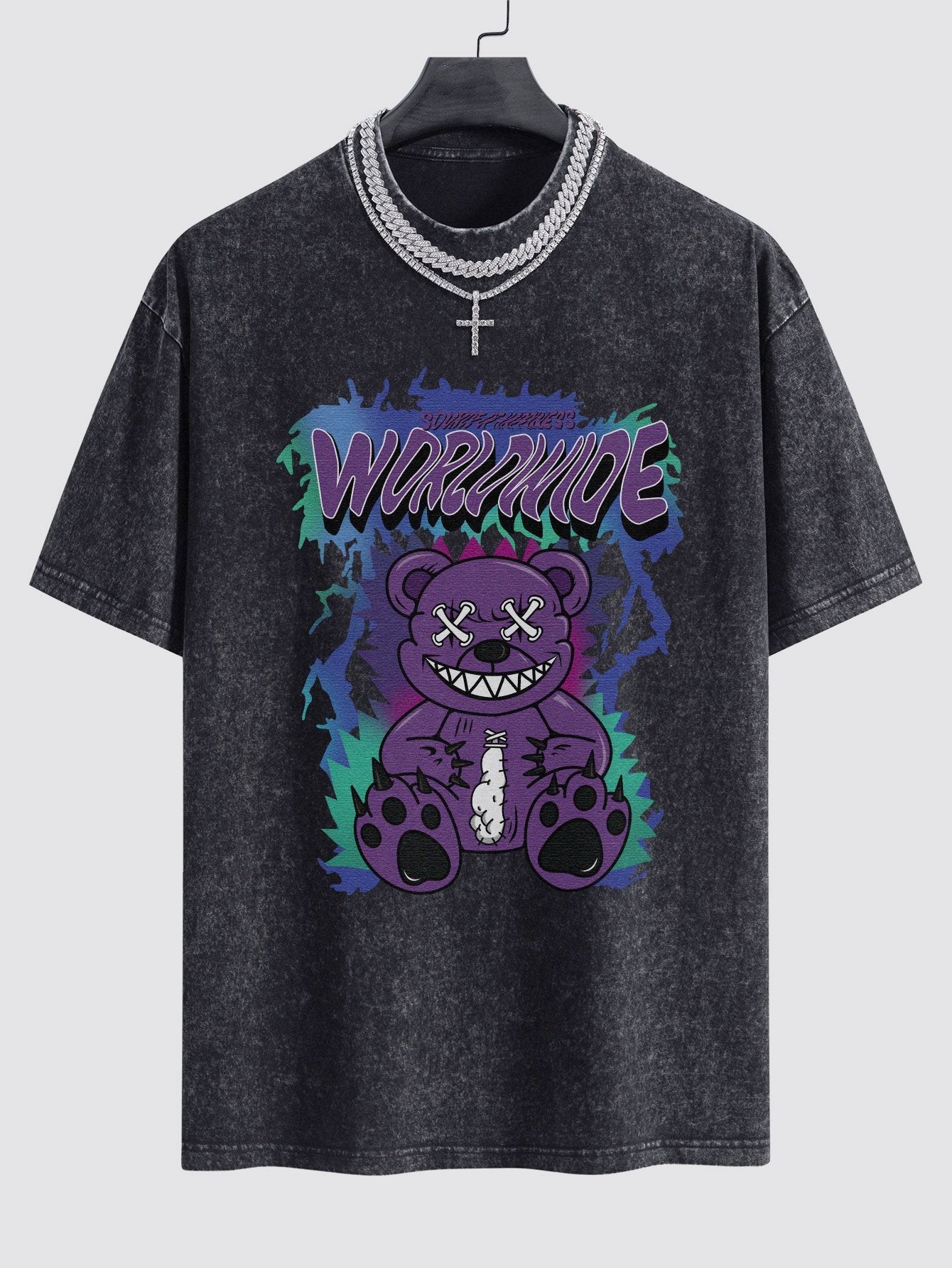Jeremy® | Tattered Bear Print Washed Drop Shoulder Oversize T-Shirt