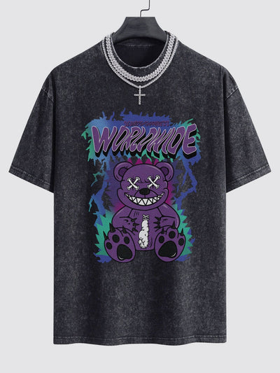 Jeremy® | Tattered Bear Print Washed Drop Shoulder Oversize T-Shirt
