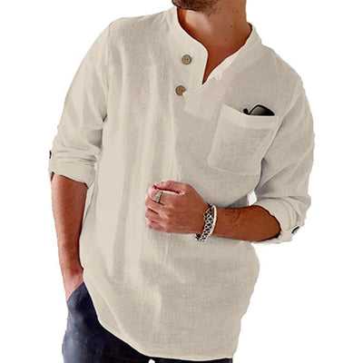 Men's Cotn Linen Loose Casal Solid Color Roll-p Sleeve Long-sleeved Shirt