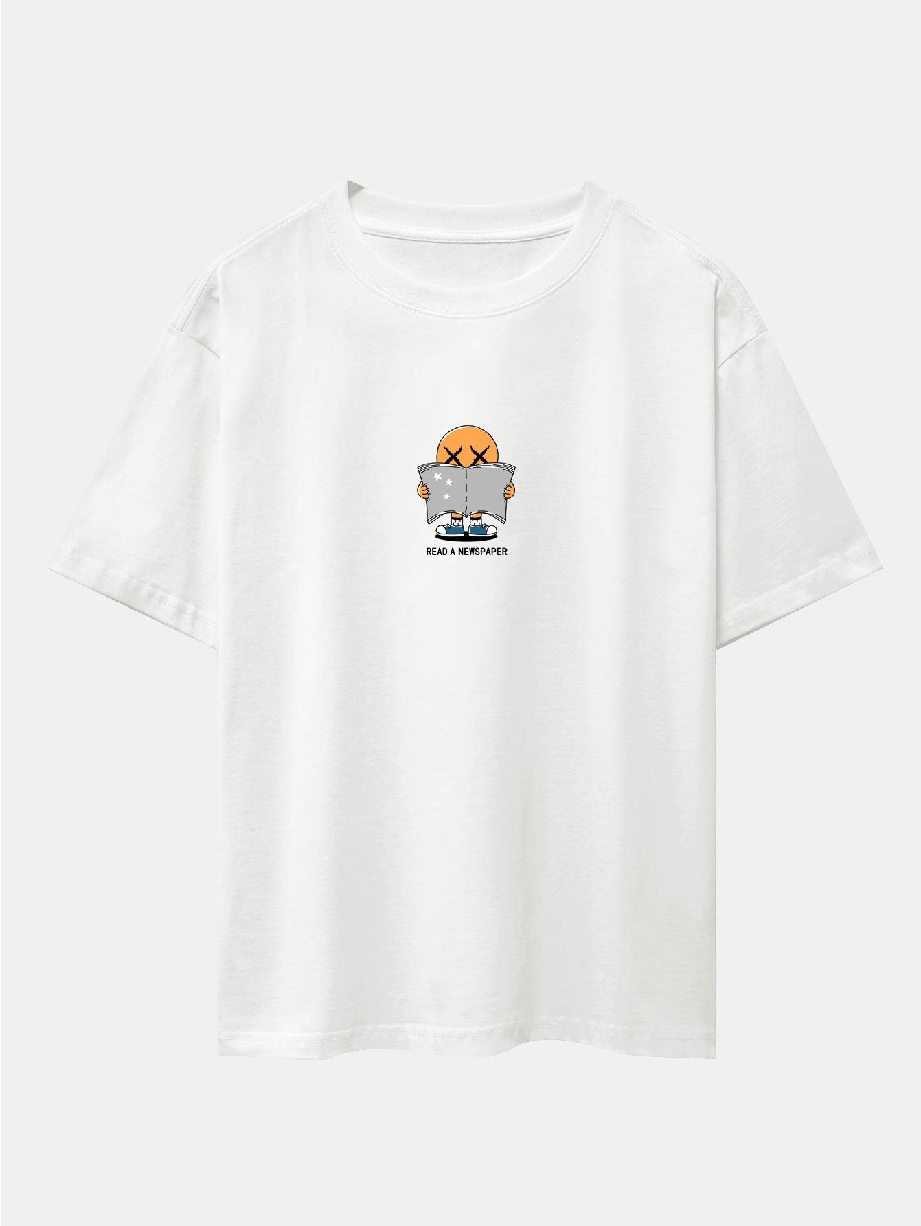 Jesús® | Cartoon Smiley Read Newspaper Print Drop Shoulder Oversize T-Shirt