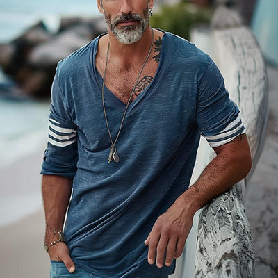 Men's Loose V-Neck Striped Patchwork Cotn Long-Sleeved T-Shirt