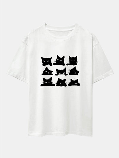 Zacarías® | Black Cat Staring Print Drop Shoulder Oversize T-Shirt