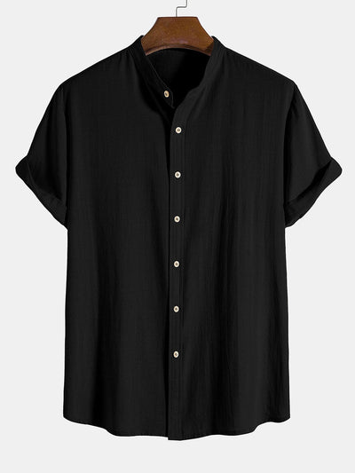 Altiok® | Linen Look Cotton Blend Stand Collar Shirt