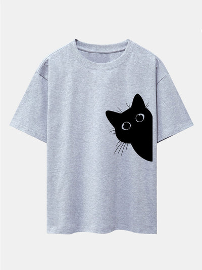 Severo® | Black Cat Print Drop Shoulder Oversize T-Shirt