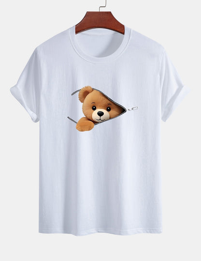 Yeshayahu® | Zipper Bear Print Cotton T-Shirt