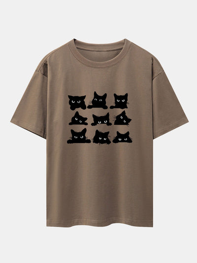 Atanasio® | Black Cat Staring Print Drop Shoulder Oversize T-Shirt
