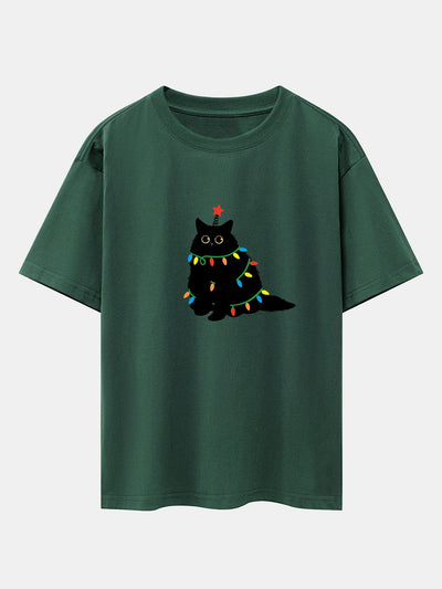Juan® | Christmas Lights Black Cat Print Drop Shoulder Oversize T-Shirt
