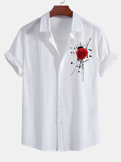 Arle® | Splash Rose Print Linen Look Cotton Button Up Shirt