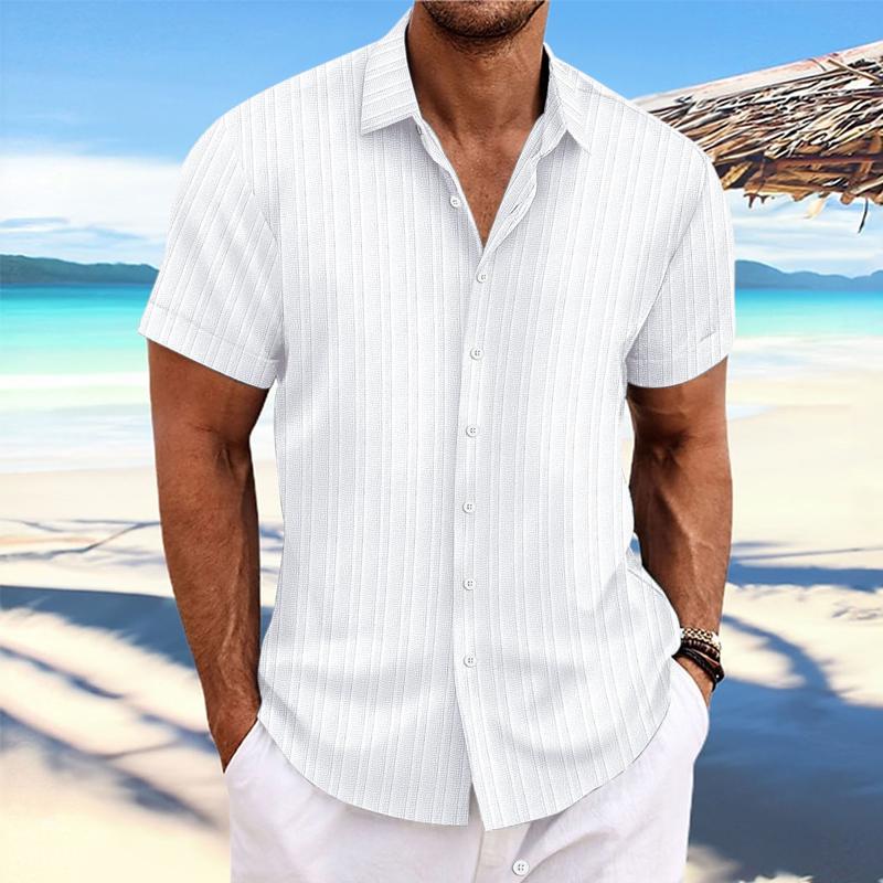 Men's Cotn Linen Stripe Print Loose Short Sleeve Lapel Shirt