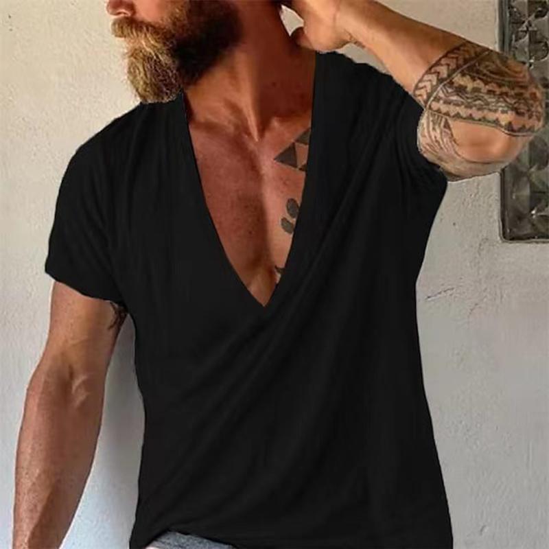 Men's Casal Solid Color Breathable Cotn V-Neck Short-Sleeved T-Shirt