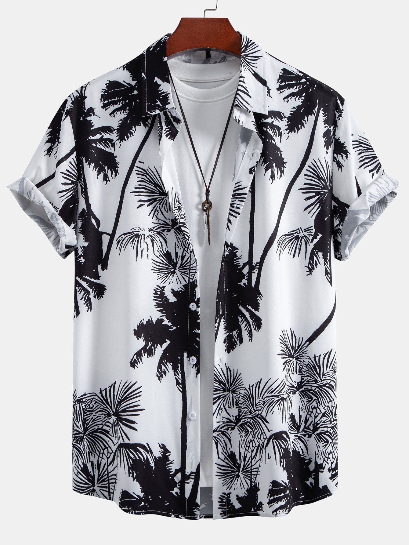 Admeto® | Palm Trees Print Button Up Shirt & Striped Print Swim Shorts