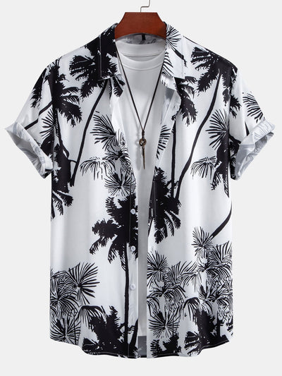 Admeto® | Palm Trees Print Button Up Shirt & Striped Print Swim Shorts