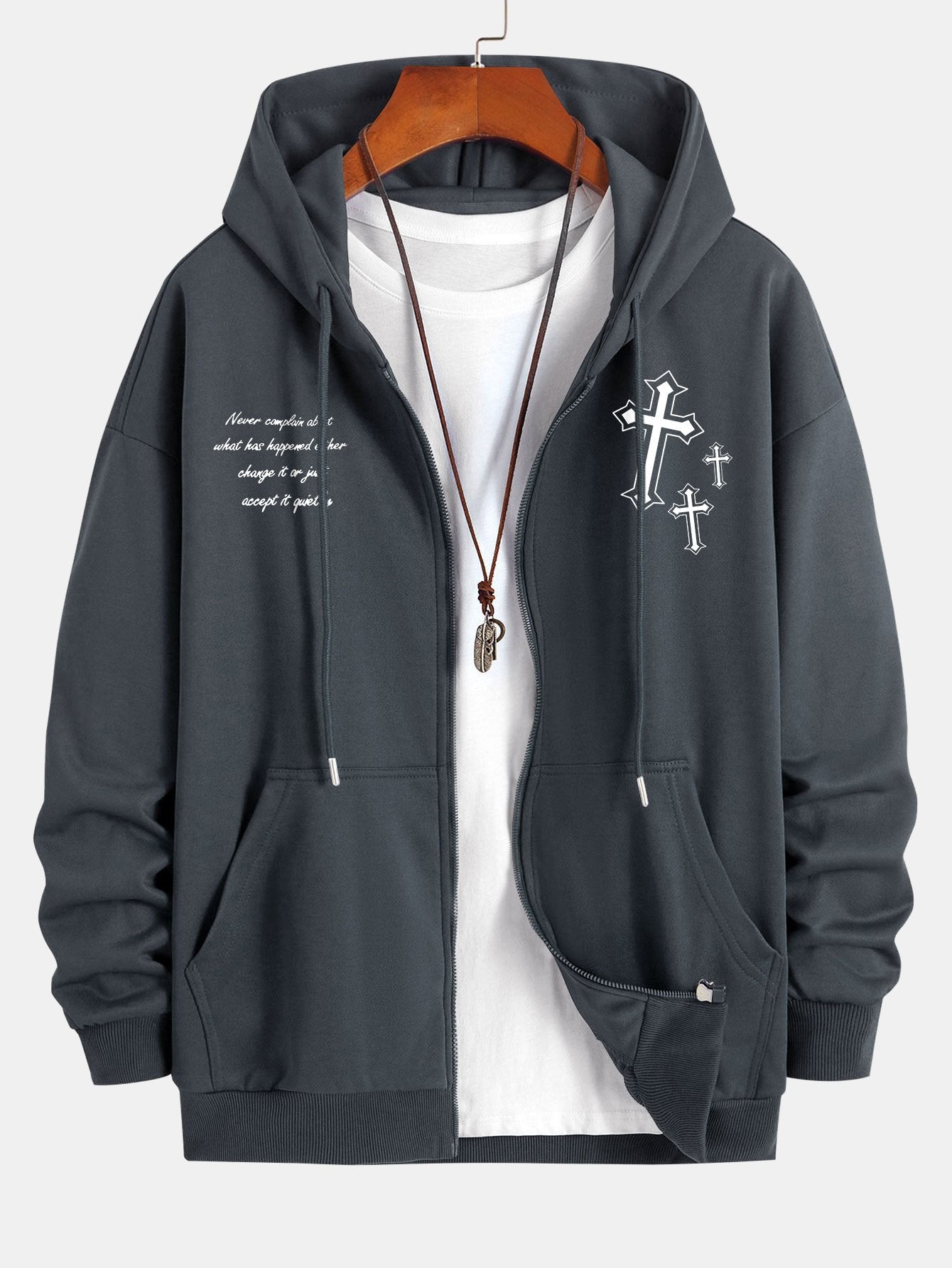Waylon | Cross Slogan Print Relax Fit Zip Hoodie