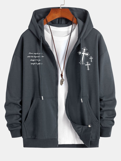 Waylon | Cross Slogan Print Relax Fit Zip Hoodie