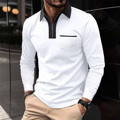 Men's Color Block Pocket Long Sleeve POLO Shirt