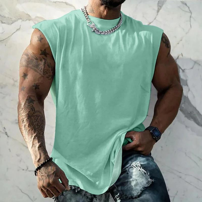 Men's Solid Color Wide Sholder Rond Neck Sports Tank p