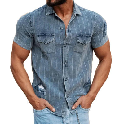Men's Vine Stripe Ripped Short Sleeve DeniShirt