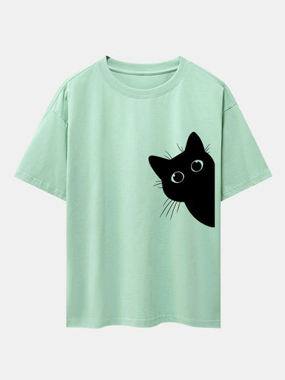 Severo® | Black Cat Print Drop Shoulder Oversize T-Shirt