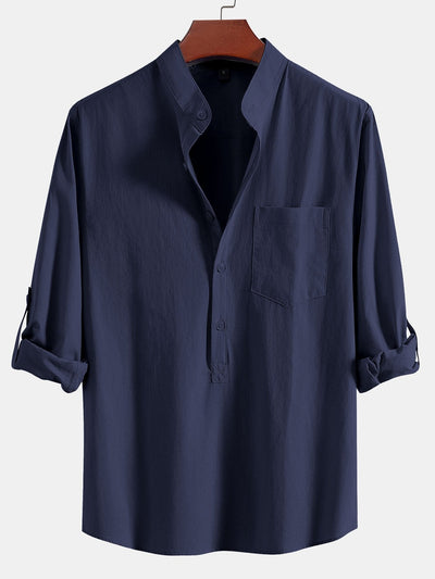 Aniruddha® | Long Sleeve Linen Look Henley Collar Shirt
