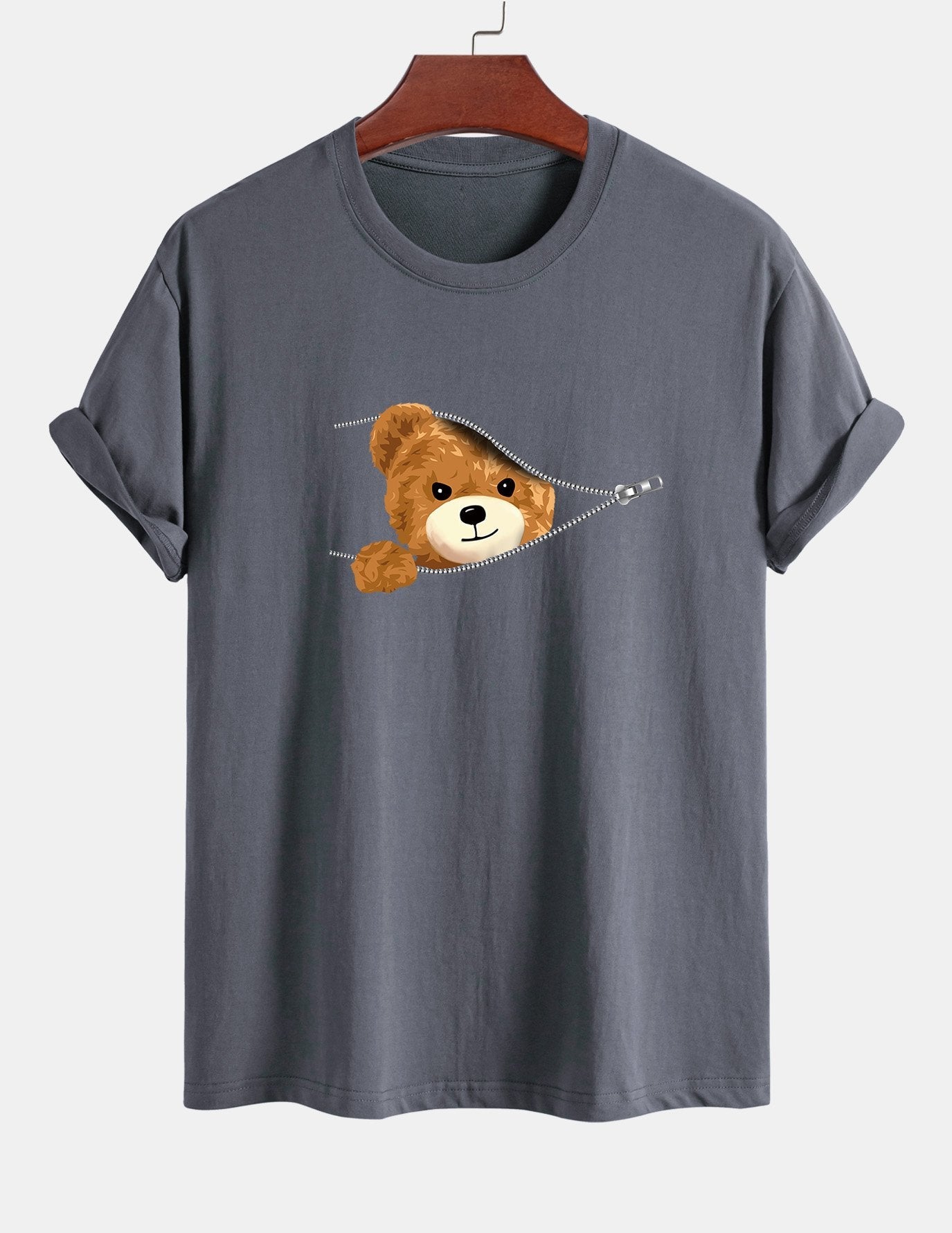 Yeray® | Zipper Bear Print Cotton T-Shirt