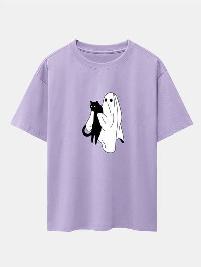 Aurelio® | Ghost Black Cat Print Drop Shoulder Oversize T-Shirt