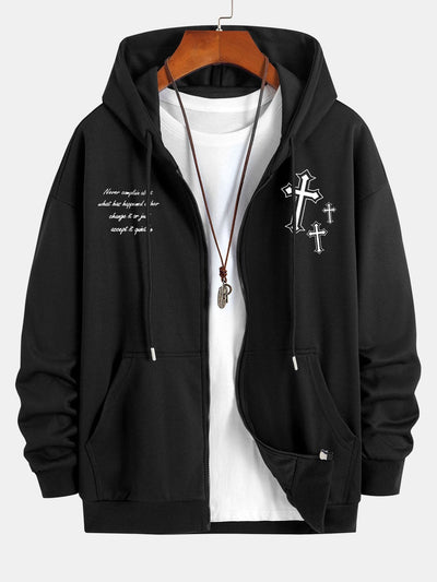 Waylon | Cross Slogan Print Relax Fit Zip Hoodie