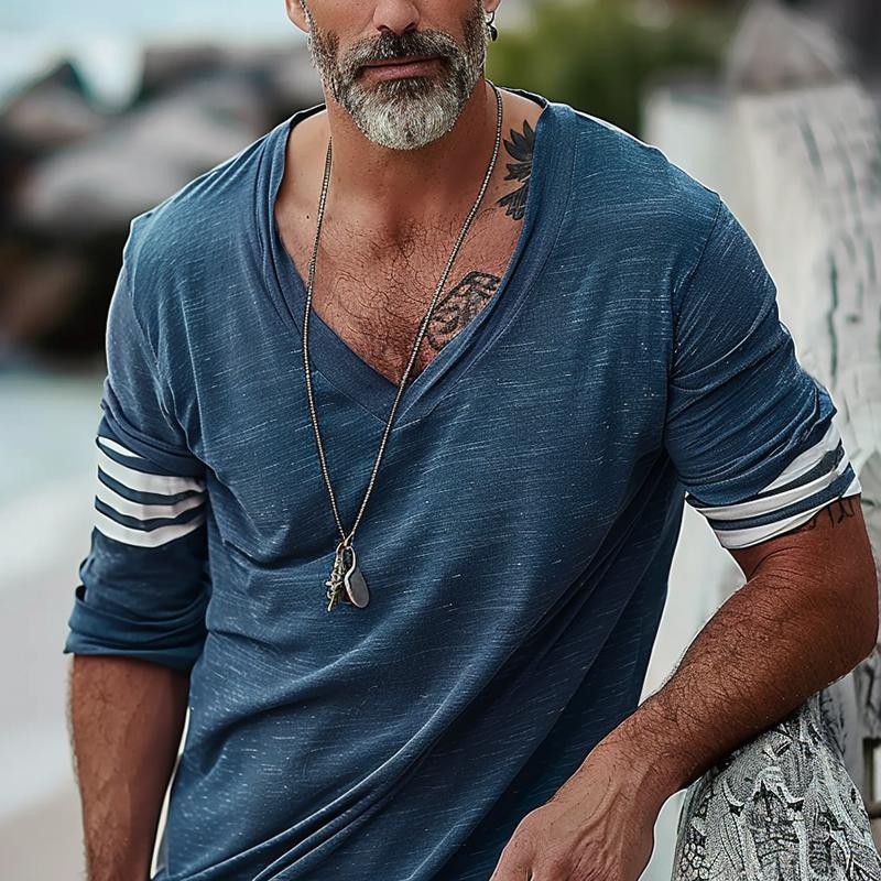 Men's Loose V-Neck Striped Patchwork Cotn Long-Sleeved T-Shirt