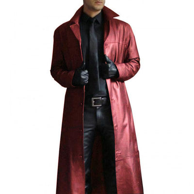 Men's Vine Solid Color Lapel Leather Trench Coat