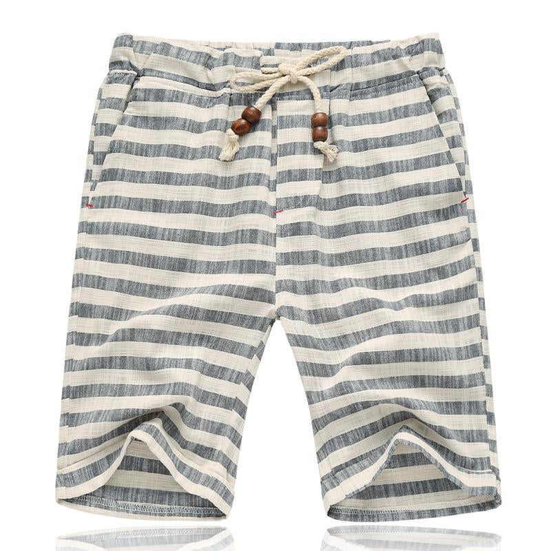 Men's Casal Cotn Linen Stripe Elastic Waist Straight Shorts