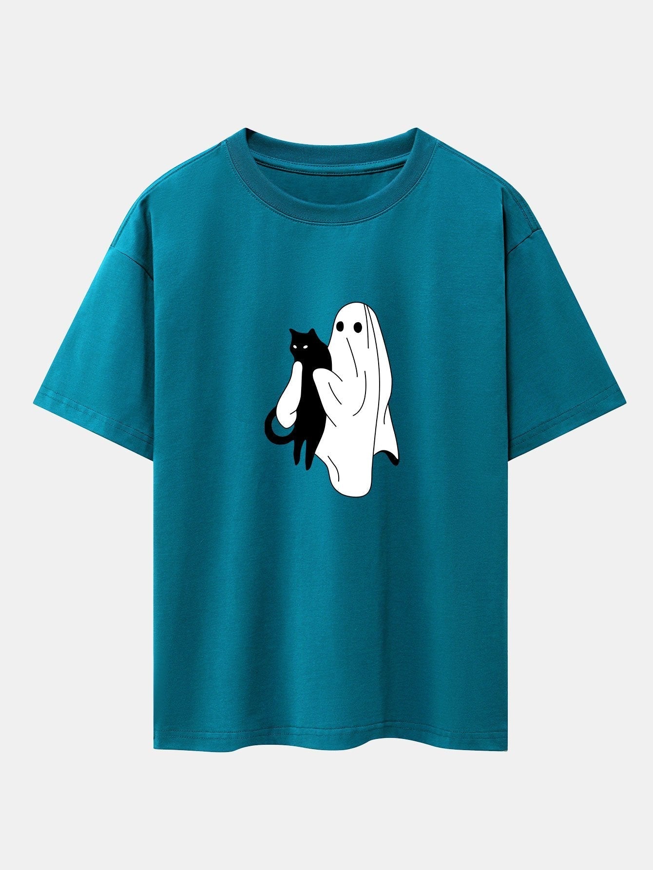 Aurelio® | Ghost Black Cat Print Drop Shoulder Oversize T-Shirt