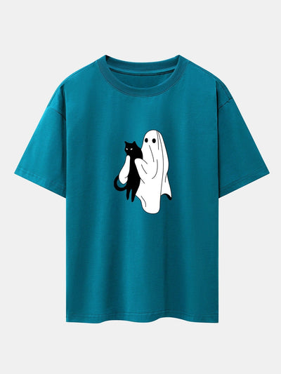 Aurelio® | Ghost Black Cat Print Drop Shoulder Oversize T-Shirt