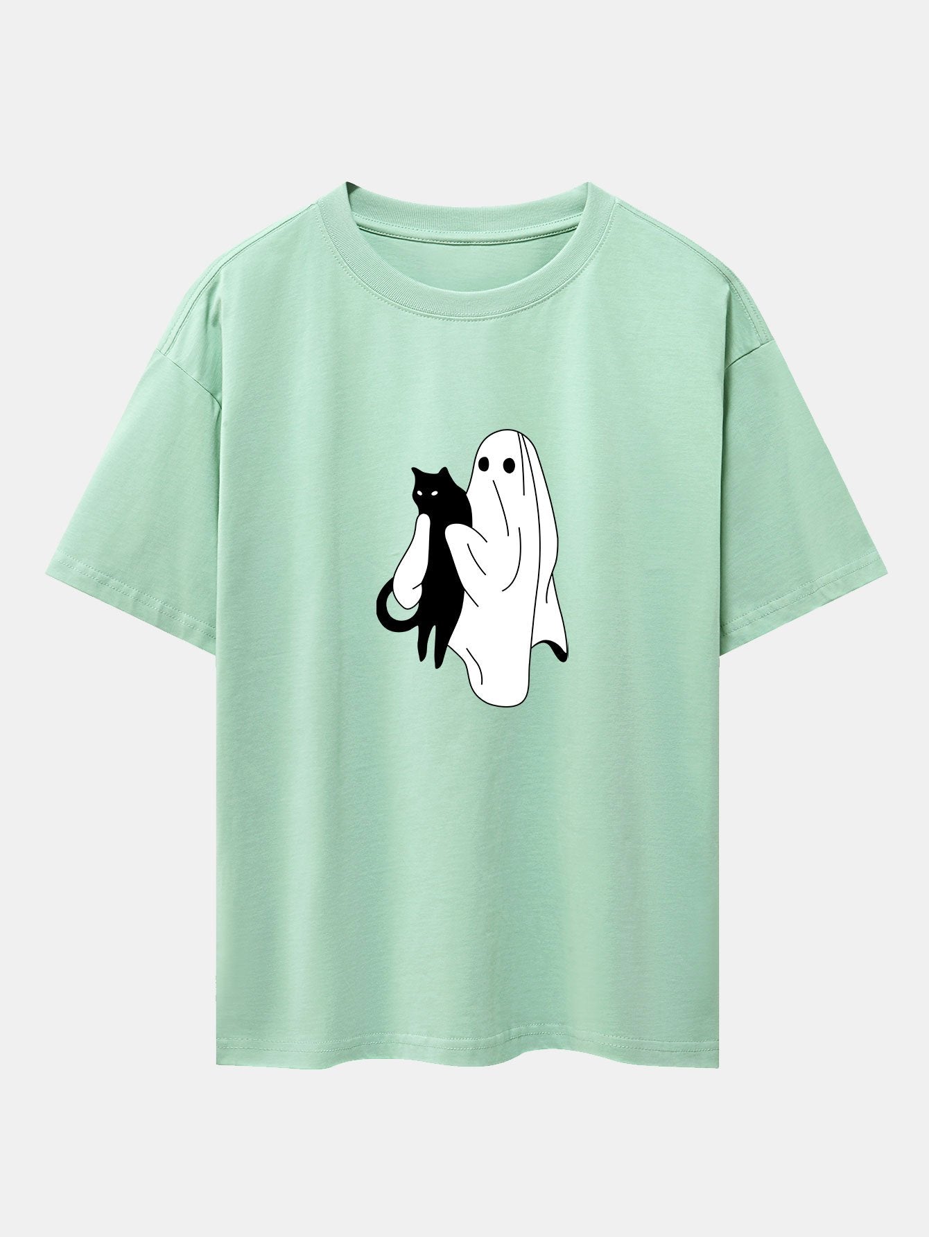 Aurelio® | Ghost Black Cat Print Drop Shoulder Oversize T-Shirt