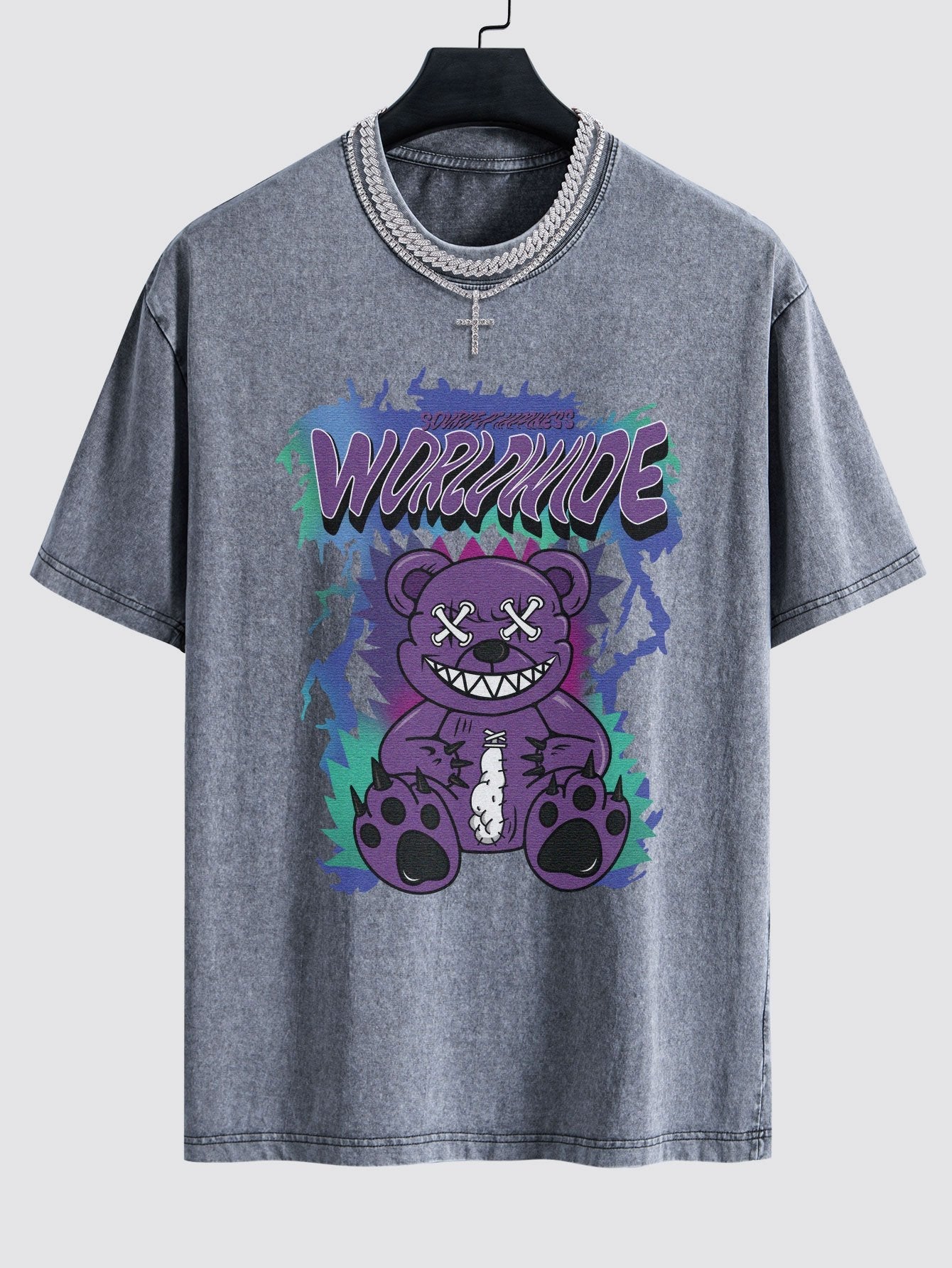 Jeremy® | Tattered Bear Print Washed Drop Shoulder Oversize T-Shirt