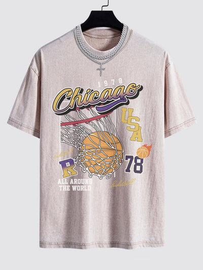 Alfonso® | Chicago Basketball Print Washed Drop Shoulder Oversize T-Shirt